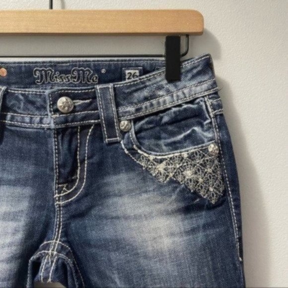 Miss Me Rhinestone Signature Cuffed Distressed Western Jean Capris Embellished - Picture 4 of 9